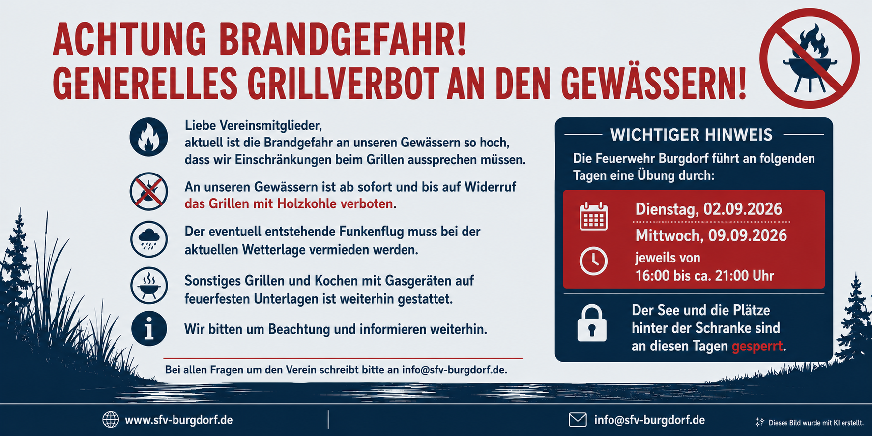 Achtung Brandgefahr!
Generelles Grillverbot an den Gewässern! Liebe Vereinsmitglieder, aktuell ist die Brandgefahr an unseren Gewässern so hoch, dass wir Einschränkungen beim Grillen aussprechen müssen. An unseren Gewässern ist ab sofort und bis auf Widerruf das Grillen mit Holzkohle verboten.
Der eventuell entstehende Funkenflug muss bei der aktuellen Wetterlage vermieden werden.
Sonstiges Grillen und Kochen mit Gasgeräten auf feuerfesten Unterlagen ist weiterhin gestattet.
Wir bitten um Beachtung und informieren weiterhin.
Wichtiger Hinweis Die Feuerwehr Burgdorf führt an folgenden Tagen eine Übung durch: Dienstag, 02.09.2026
Mittwoch, 09.09.2026 jeweils von 16:00 Uhr bis ca. 21:00 Uhr Sperrung Der See und die Plätze hinter der Schranke sind an diesen Tagen gesperrt. Bei allen Fragen um den Verein schreibt bitte an: info@sfv-burgdorf.de Webseite: www.sfv-burgdorf.de Achtung Brandgefahr! Generelles Grillverbot an den Gewässern! Liebe Vereinsmitglieder, aktuell ist die Brandgefahr an unseren Gewässern so hoch, dass wir Einschränkungen beim Grillen aussprechen müssen. An unseren Gewässern ist ab sofort und bis auf Widerruf das Grillen mit Holzkohle verboten. Der eventuell entstehende Funkenflug muss bei der aktuellen Wetterlage vermieden werden. Sonstiges Grillen und Kochen mit Gasgeräten auf feuerfesten Unterlagen ist weiterhin gestattet. Wir bitten um Beachtung und informieren weiterhin. Wichtiger Hinweis Die Feuerwehr Burgdorf führt an folgenden Tagen eine Übung durch: Dienstag, 02.09.2026 Mittwoch, 09.09.2026 jeweils von 16:00 Uhr bis ca. 21:00 Uhr Sperrung Der See und die Plätze hinter der Schranke sind an diesen Tagen gesperrt. Bei allen Fragen um den Verein schreibt bitte an: info@sfv-burgdorf.de Webseite: www.sfv-burgdorf.de